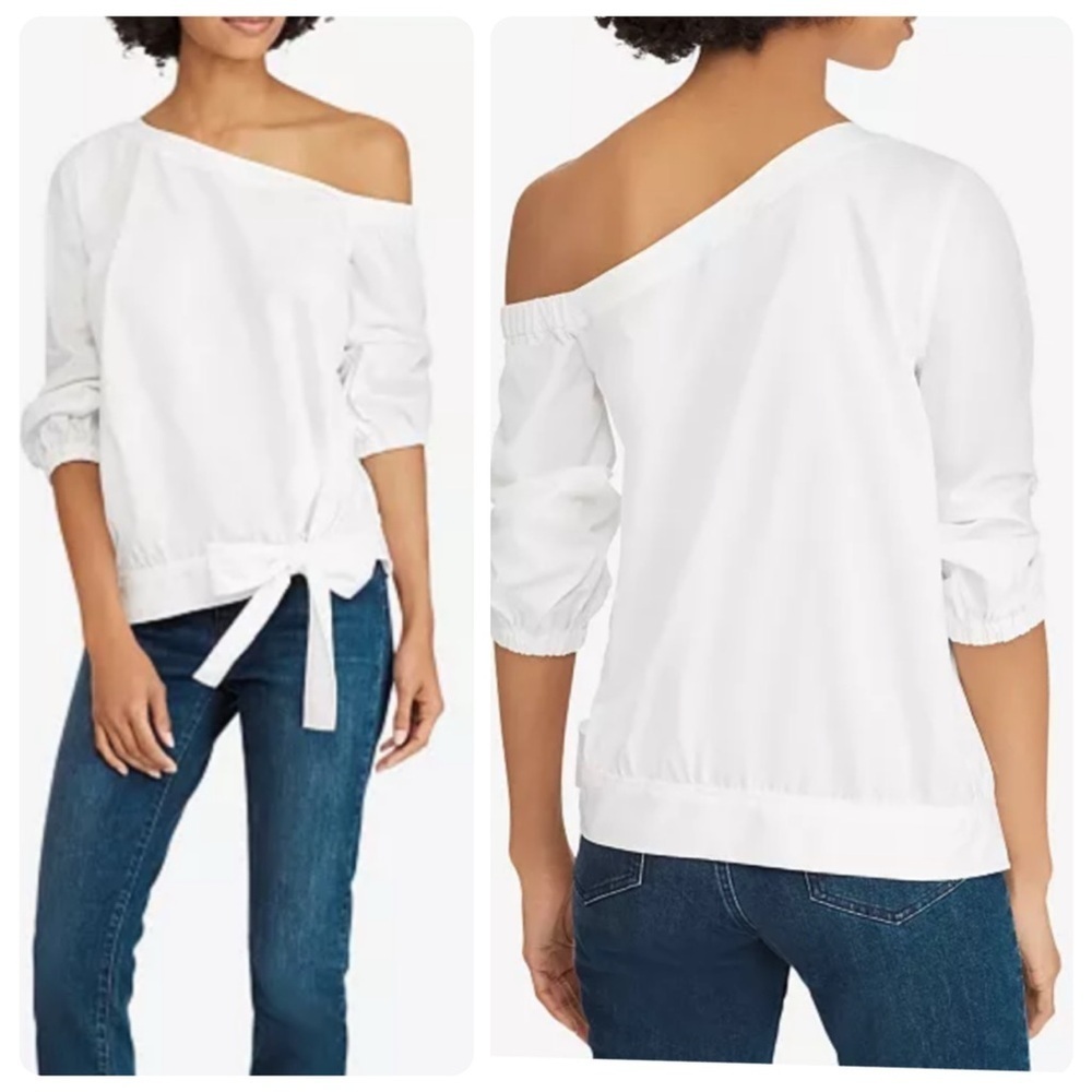 Lauren Ralph Lauren Asymmetrical Broadcloth Cotton Top Off Shoulder Blouse Sz 2X